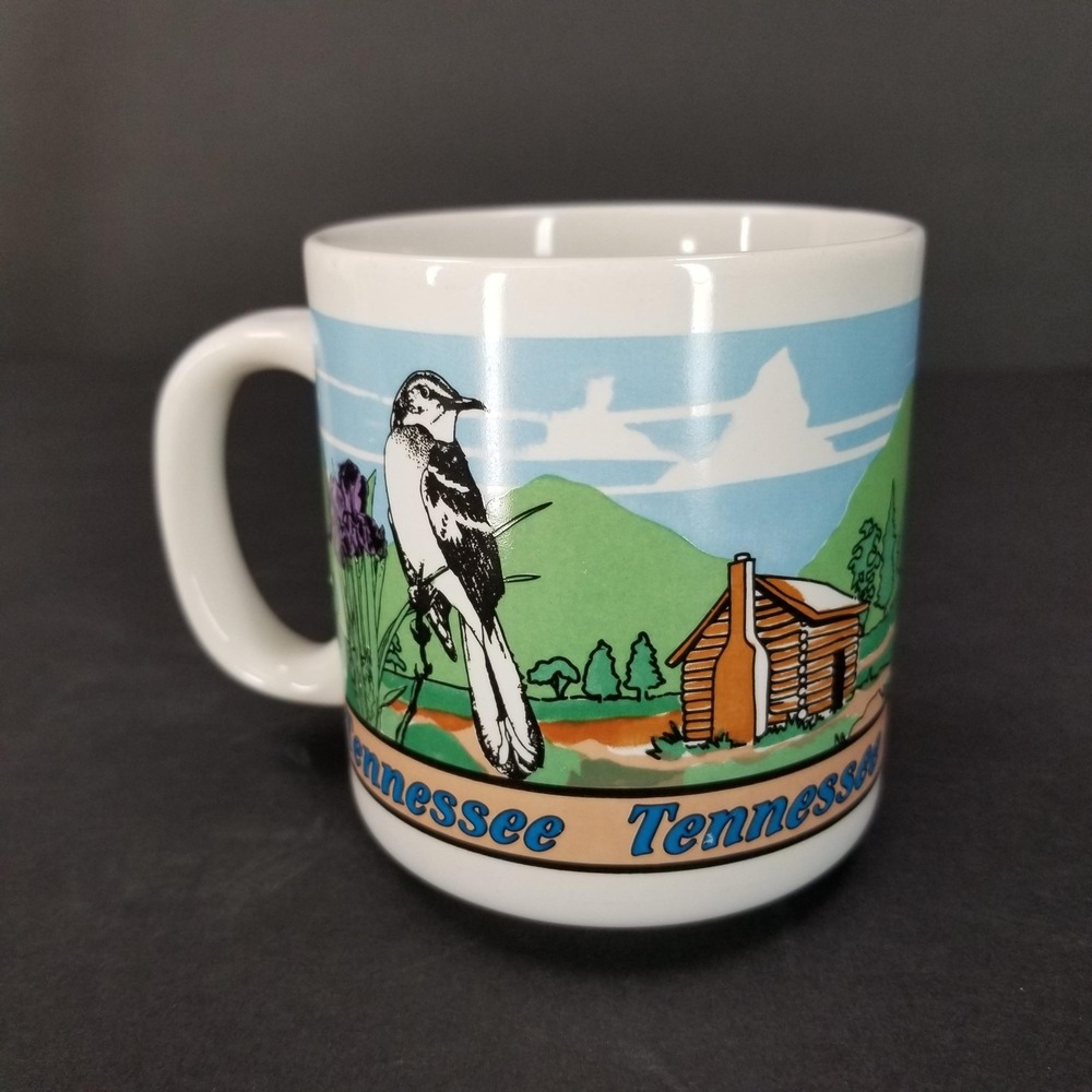 Vintage Tennessee State Souvenir Mug Wildlife Mockingbird Deer Raccoon Cabin